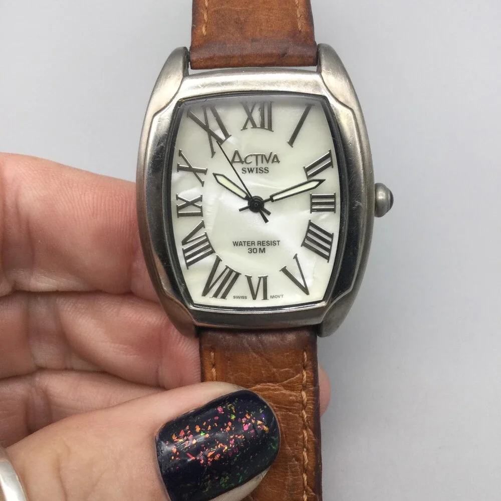 Activa Swiss Womens Watch 33mm MOP Dial Brown Leather Band 30M New Battery